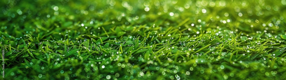 Aerial view of a stretch of green grass with dew drops. Grass background. Aerial view of a stretch of green grass with dew drops. Grass background.