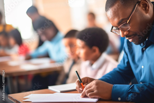 In the midst of a class, a teacher checks student work. Teacher's Day or Student's Day.