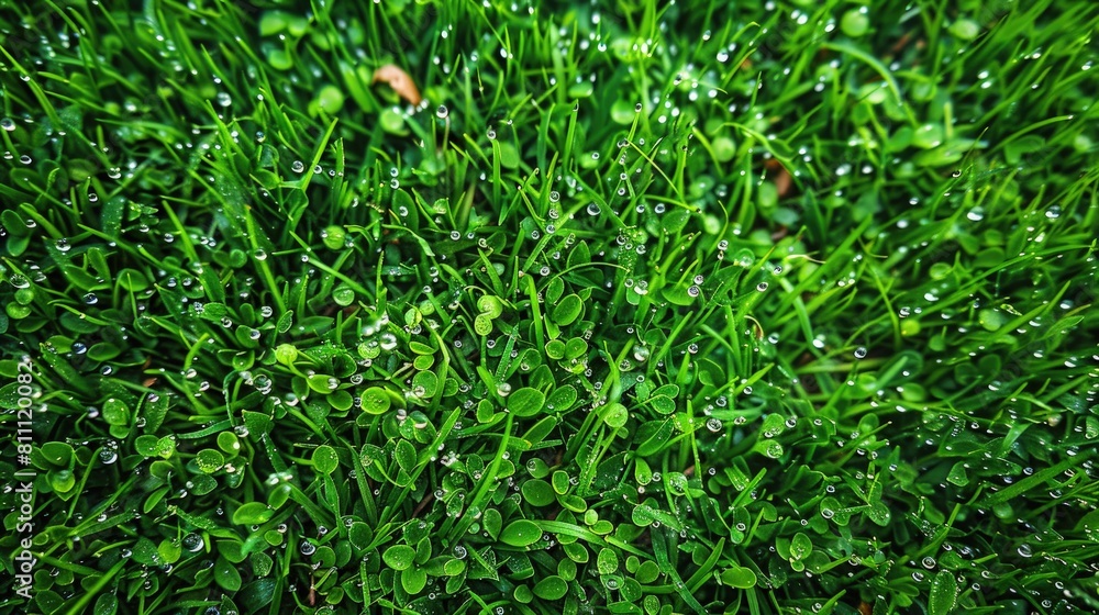 Aerial view of a stretch of green grass with dew drops. Grass background. Aerial view of a stretch of green grass with dew drops. Grass background.