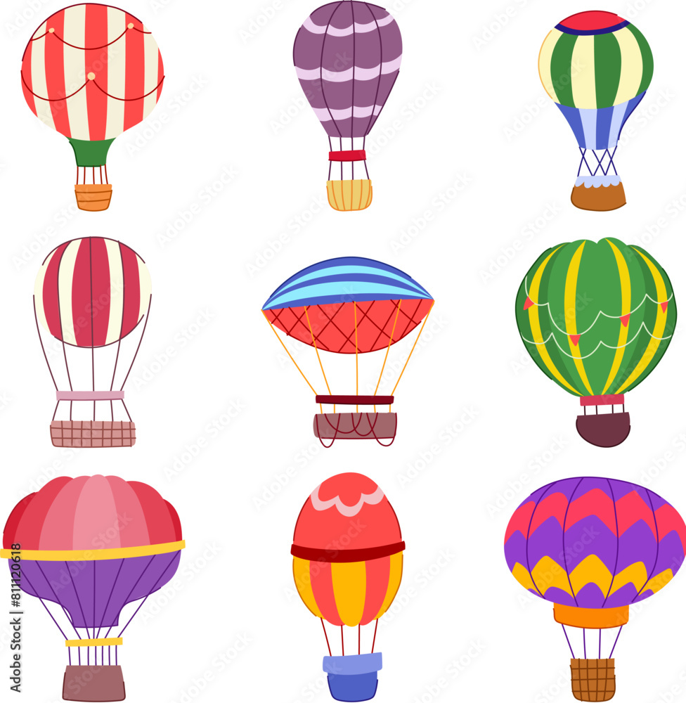 Fototapeta premium hot air balloon set cartoon. flight sky, transport bright, high up hot air balloon sign. isolated symbol vector illustration