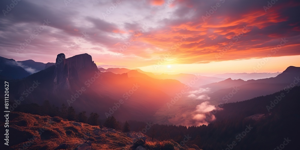 Fototapeta premium Amazing beautiful rock hills mountain peak sunrise ligh beam. Adventure travel nature outdoor landscape background scene view