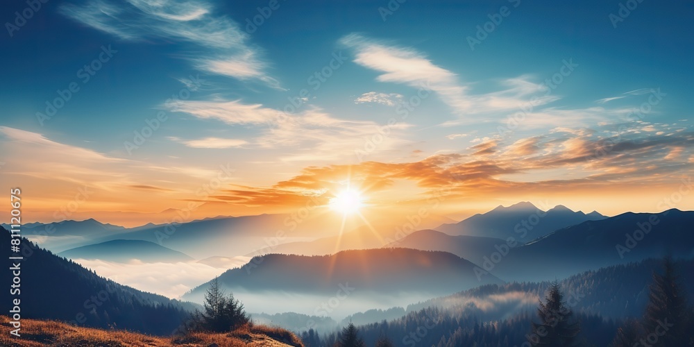 Fototapeta premium Amazing beautiful rock hills mountain peak sunrise ligh beam. Adventure travel nature outdoor landscape background scene view