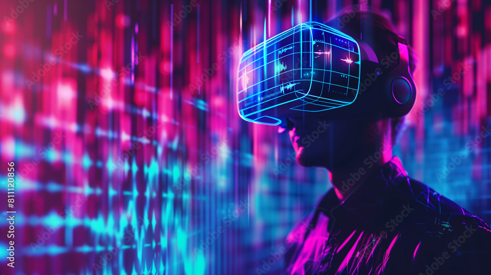 glow polygon of a man wearing virtual reality(VR) on digital sound wave background with copy space glow polygon of a man wearing virtual reality(VR) on digital sound wave background with copy space