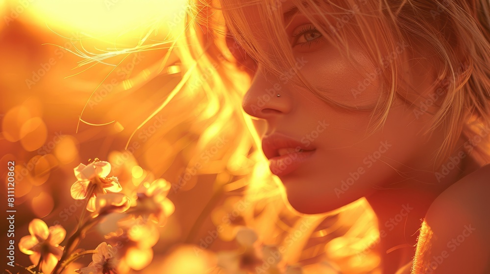 Sensual portrait of a young woman in golden sunlight, with wind-blown hair and a serene expression among flowers
Sensual portrait of a young woman in golden sunlight, with wind-blown hair and a serene expression among flowers
