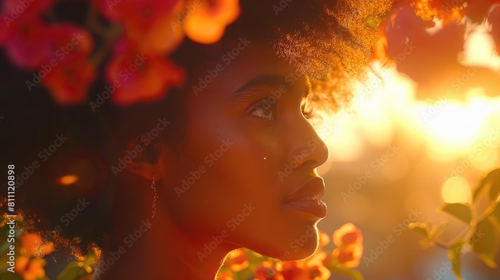 Close-up portrait of an African-American woman with sunset light illuminating her face, surrounded by flowers
Close-up portrait of an African-American woman with sunset light illuminating her face, surrounded by flowers