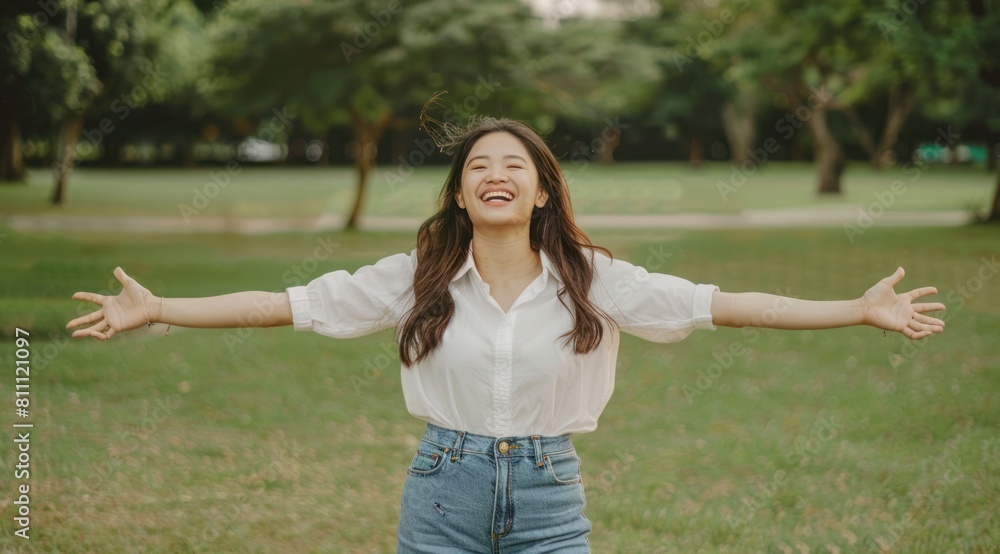 Carefree asian girl smiling happily standing on the grass at park, enjoying summer sunny day, raising hands up and breathing fresh air. Carefree asian girl smiling happily standing on the grass at park, enjoying summer sunny day, raising hands up and breathing fresh air.