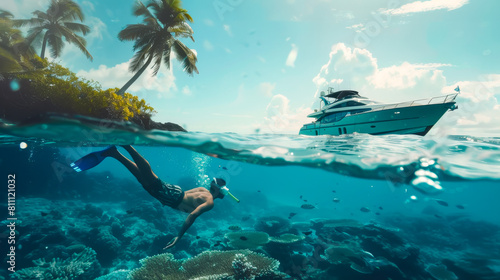 Underwater View of a Man Snorkeling by a Yacht in Tropical Waters  © Creative Valley