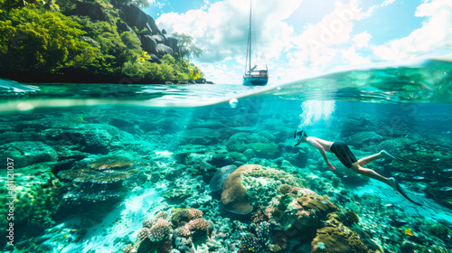Male Snorkeler Exploring Coral Reef Near a Yacht  © Creative Valley