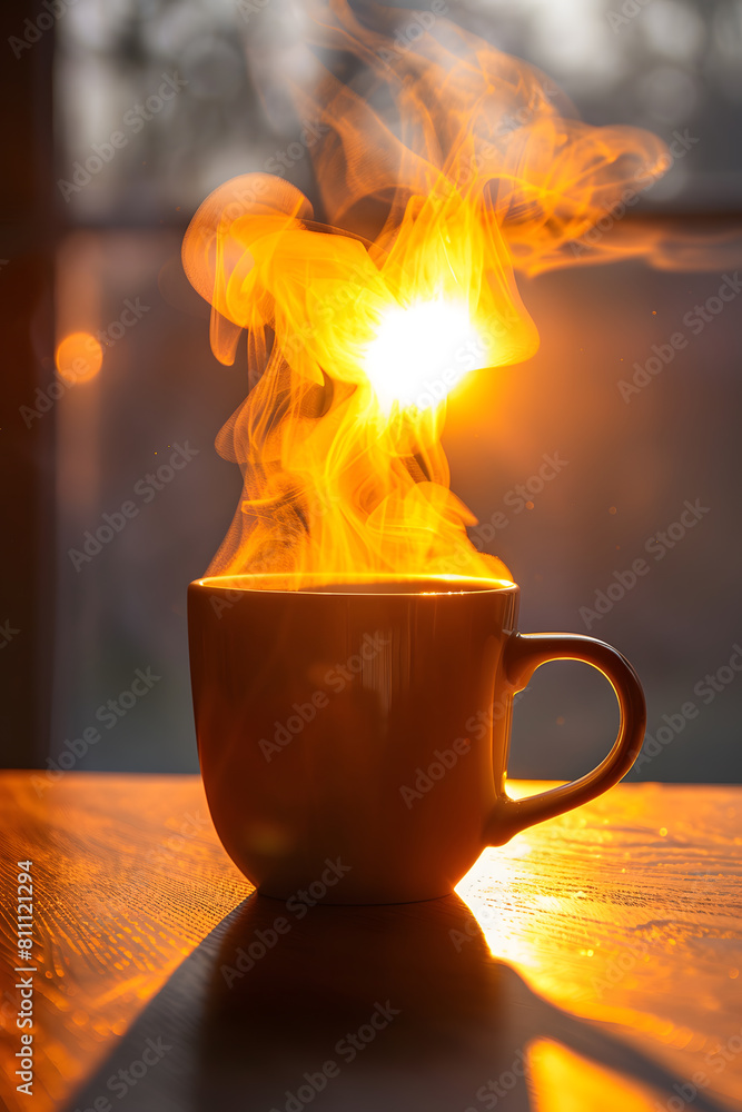 An inviting warm cup releases steam against a blurred sunset, symbolizing comfort and warmth on a wooden table An inviting warm cup releases steam against a blurred sunset, symbolizing comfort and warmth on a wooden table