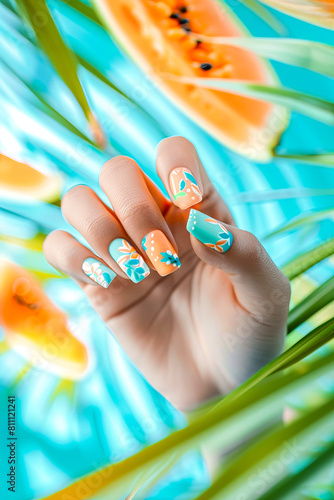Beautiful female hand with summer manicure and watermelon on blue background