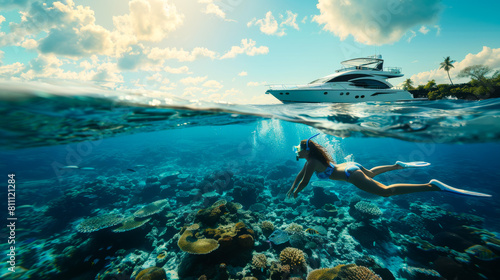 Girl Snorkeling Near a Yacht on a Tropical Reef  © Creative Valley