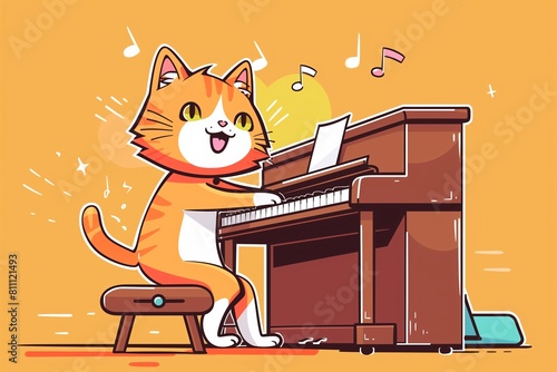 An illustration of a cat playing piano