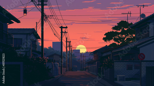 6bit illustration on evening street. Sunset pixelart, gameart