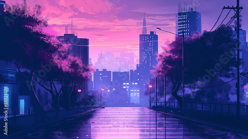 6bit illustration on evening street. Sunset pixelart, gameart