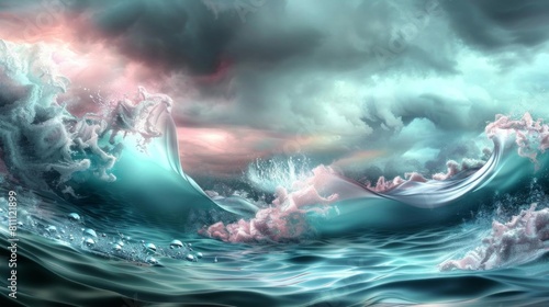 An ethereal dreamscape of crashing turquoise waves  with hints of pink and purple hues