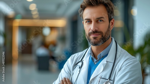 The portrait of a confident male doctor in a white coat and stethoscope around his neck.