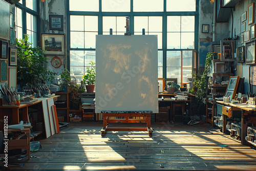 
extreme close up, Analog color photography, taken on Canon AE-1, of a blank sheet of paper on an artist workshop table, art supplies around, morning soft light, with exclusive finishes and minimalist