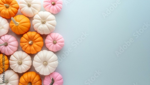 Kleine Kürbisse in den Farben Orange, Weiß und Pink auf passtellblauem Hintergrund, Raum für Text, Pumpkin Art photo