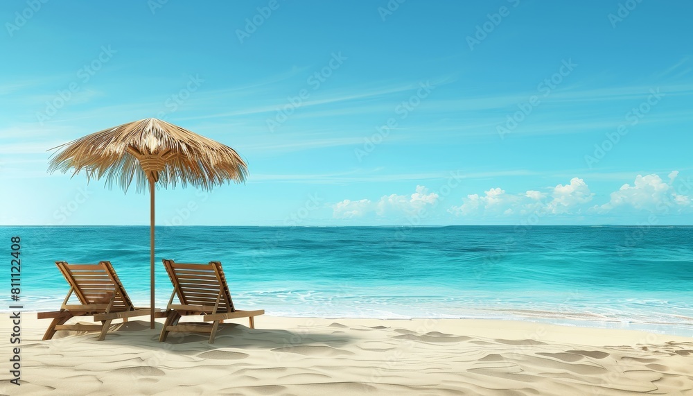 A beach scene with two beach chairs and a beach umbrella by AI generated image