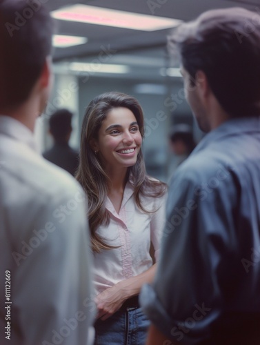 business people talking in an office. The woman has long hair. she is smiling as she looks at her male colleagues while they talk. They all wear casual attire. generative AI