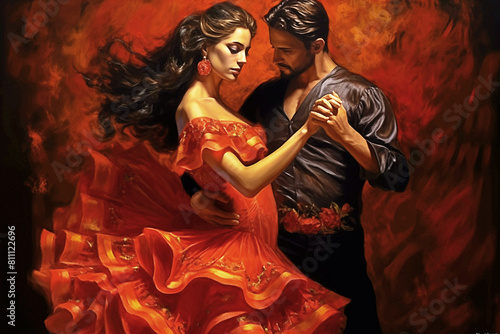 Couple dancing a seductive flamenco of Spanish folklore