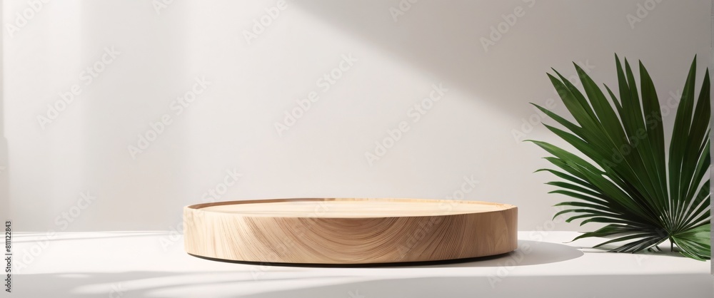 Minimal natural wood podium with green palm leaf with sunlight background. Minimal wooden stand for branding and packaging presentation Minimal natural wood podium with green palm leaf with sunlight background. Minimal wooden stand for branding and packaging presentation