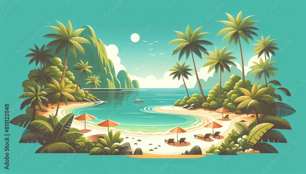 Serene Tropical Beach with Lush Palms and Gentle Waves