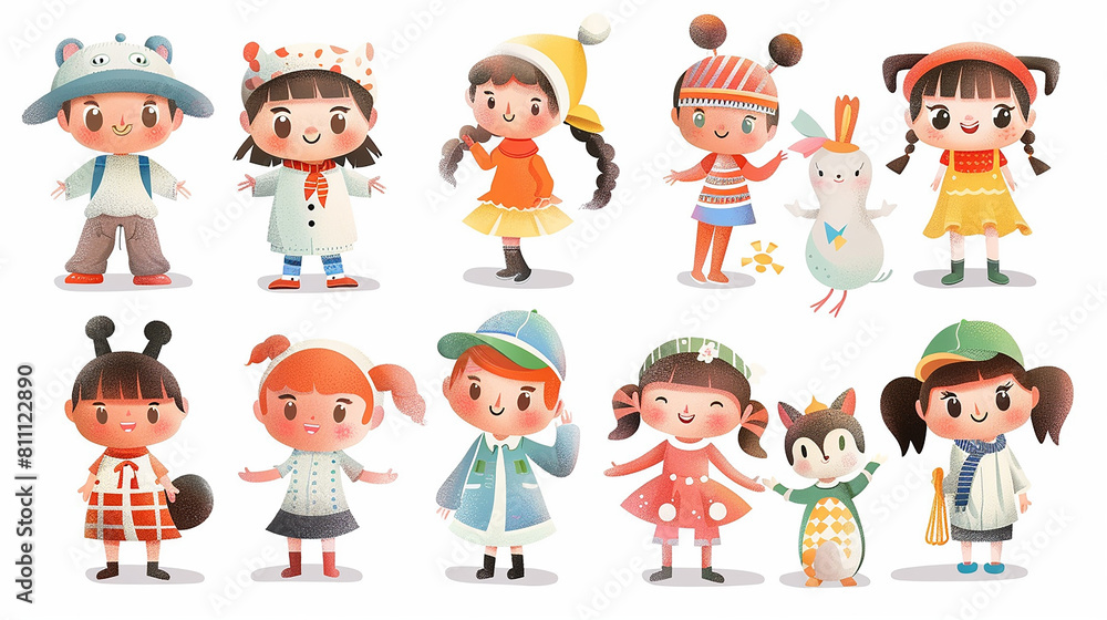 A white background with numerous cute cartoon characters standing in various poses and gestures.