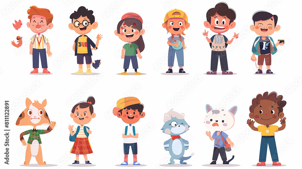 A white background with numerous cute cartoon characters standing in various poses and gestures.