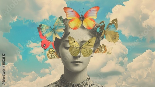  A woman with butterflies flying around her head against a sky background, in the style of modern collage artist
