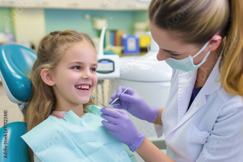 Young woman dentist smiling with little girl patient at clinic