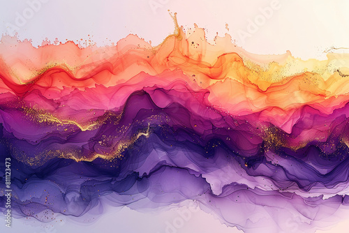Create an image that features an abstract fluid art design. The artwork should have a sunset-inspired palette of coral pink, dusk purple, and amber, enriched by gold leaf highlights. The composition s