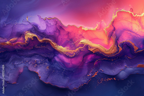 Create an image that features an abstract fluid art design. The artwork should have a sunset-inspired palette of coral pink, dusk purple, and amber, enriched by gold leaf highlights. The composition s photo
