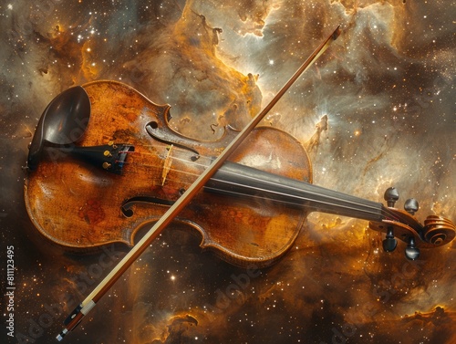 A painting depicting a violin suspended in outer space, surrounded by stars and galaxies.