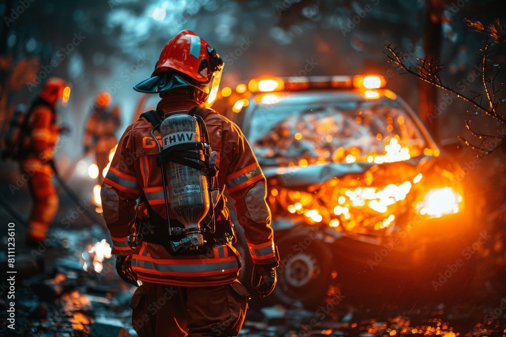 A firefighter geared up with protective equipment approaches a burning car amidst a forest, illustrating urgency and bravery A firefighter geared up with protective equipment approaches a burning car amidst a forest, illustrating urgency and bravery