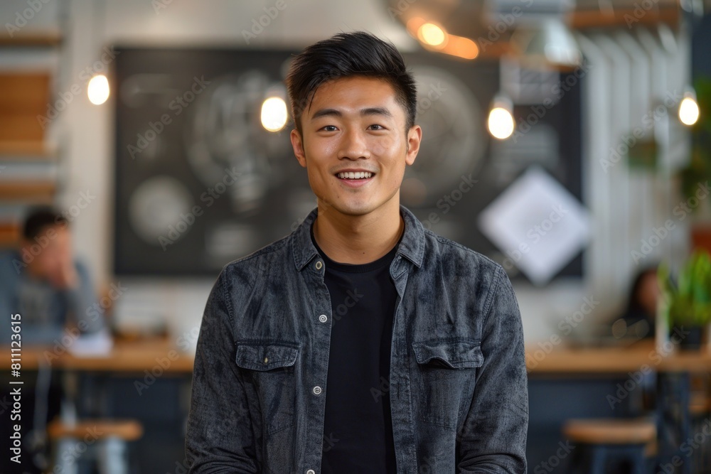 Fototapeta premium A man with a black shirt and a grey jacket is smiling. He is standing in front of a wall with a blackboard on it