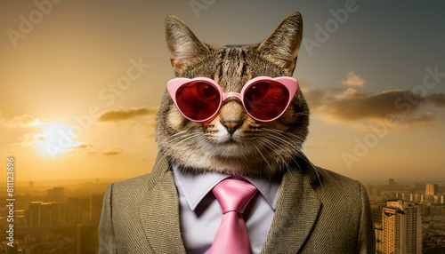 Portrait einer Katze im Anzug und einer rosa Sonnenbrille. photo