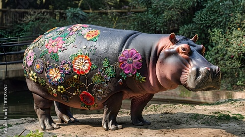 Majestic Hippo Adorned with BaroqueInspired Flower Pattern in Vibrant Hues Generative ai photo