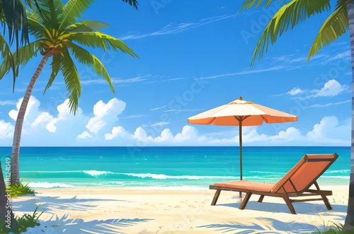 Beautiful summer seascape  romantic sunbathing scene on the beach when the tide rises on a sunny day. Illustration vector. Generative AI