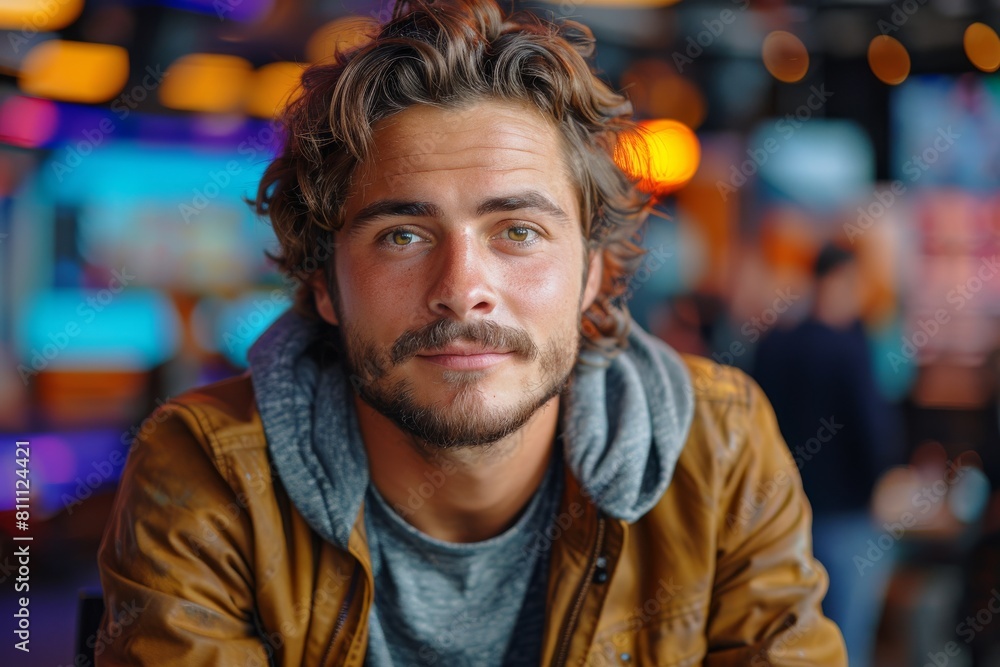 A casually dressed young man sitting relaxed with defocused bokeh lights in the background A casually dressed young man sitting relaxed with defocused bokeh lights in the background