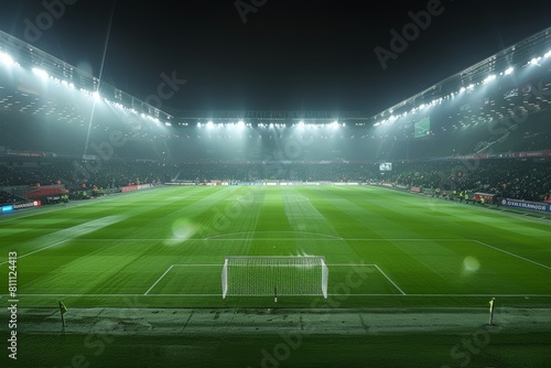 A football stadium is cast in an atmospheric glow  with mist adding a dramatic effect to the sports architecture