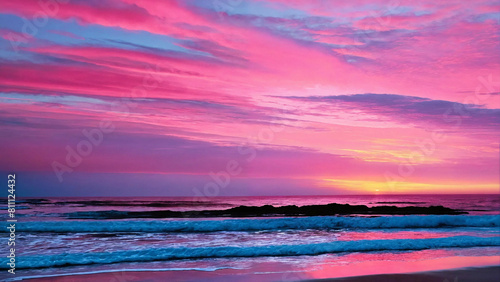 Watercolor california beach sunset, abstract 16:9 with copyspace