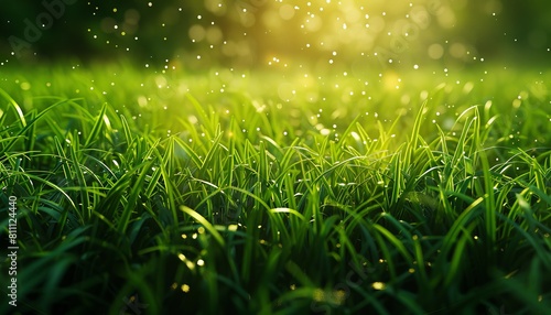 Green grass with water drops in the sun.