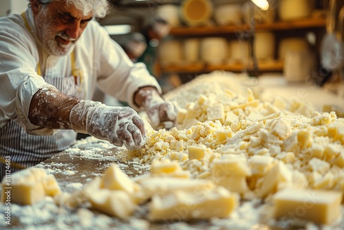 In a warmly lit cheese factory, a worker slices through an abundance of cheese, with cheese wheels in soft focus in the background