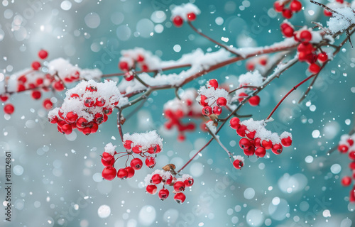 The red berries on the snow-covered branches of mountain ash, covered in white snowflakes, create an atmosphere full of coldness and beauty.