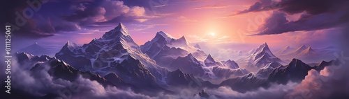 A dramatic scene of a mountain peak emerging from dense purple clouds  with the sun setting in the background casting a purple hue