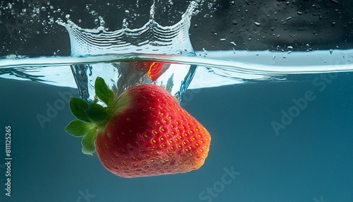 Eine frische Erdbeere taucht in Wasser ein und verspritzt etwas Wasser. photo