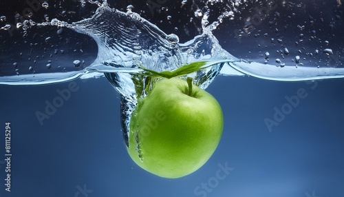 Ein grüner, knackiger Apfel taucht in Wasser ein.