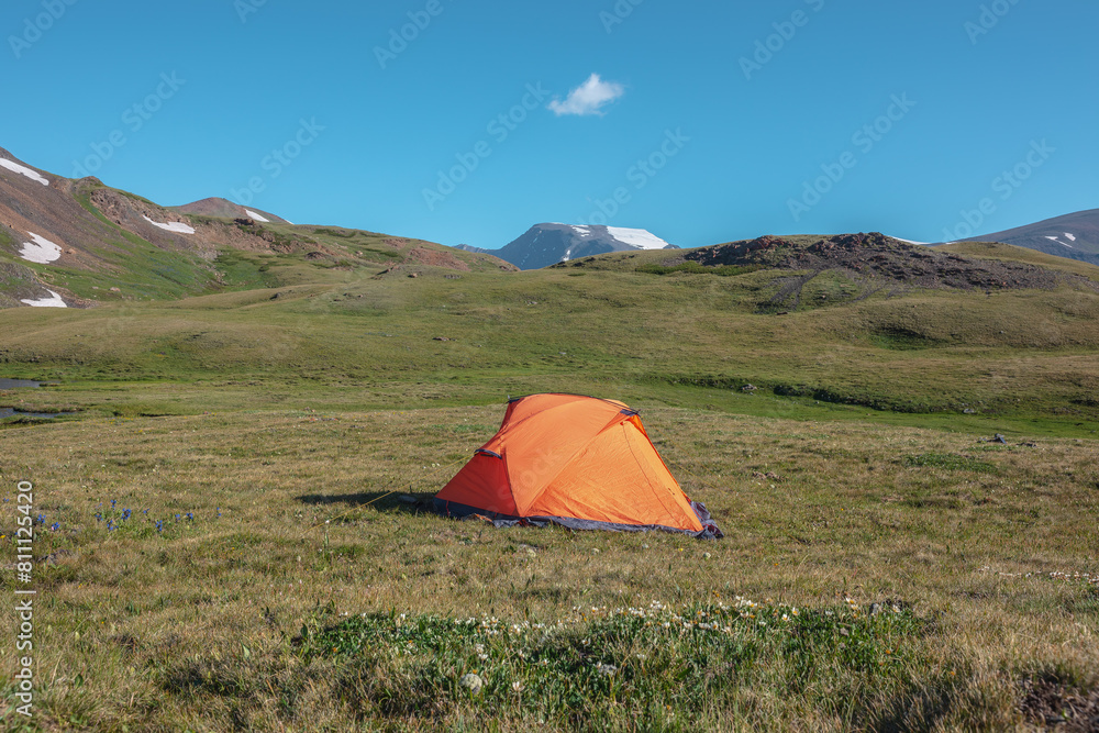 Sunlit orange tent on alpine grassy glade near white flowers of dryas among green rocky hills against snow mountain top under one small cloud in blue sky in sunny day. High mountains in bright sun.