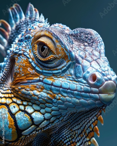 Close up of a blue iguana head on a dark background. © tnihousestudio